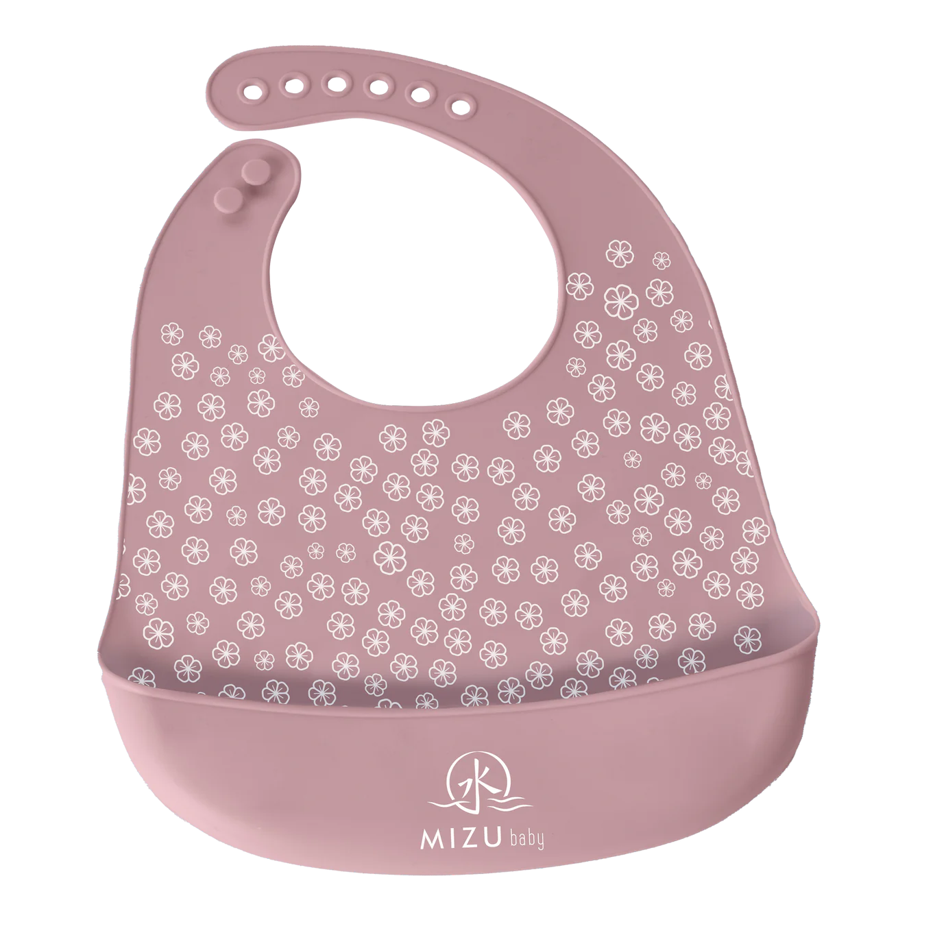 TAIKI BIB-bavaglino in silicone, Mizu Baby. Bavaglino rosa chiaro con motivo ondulato stampato bianco e tasca frontale. Chiusura con asole in silicone regolabili 