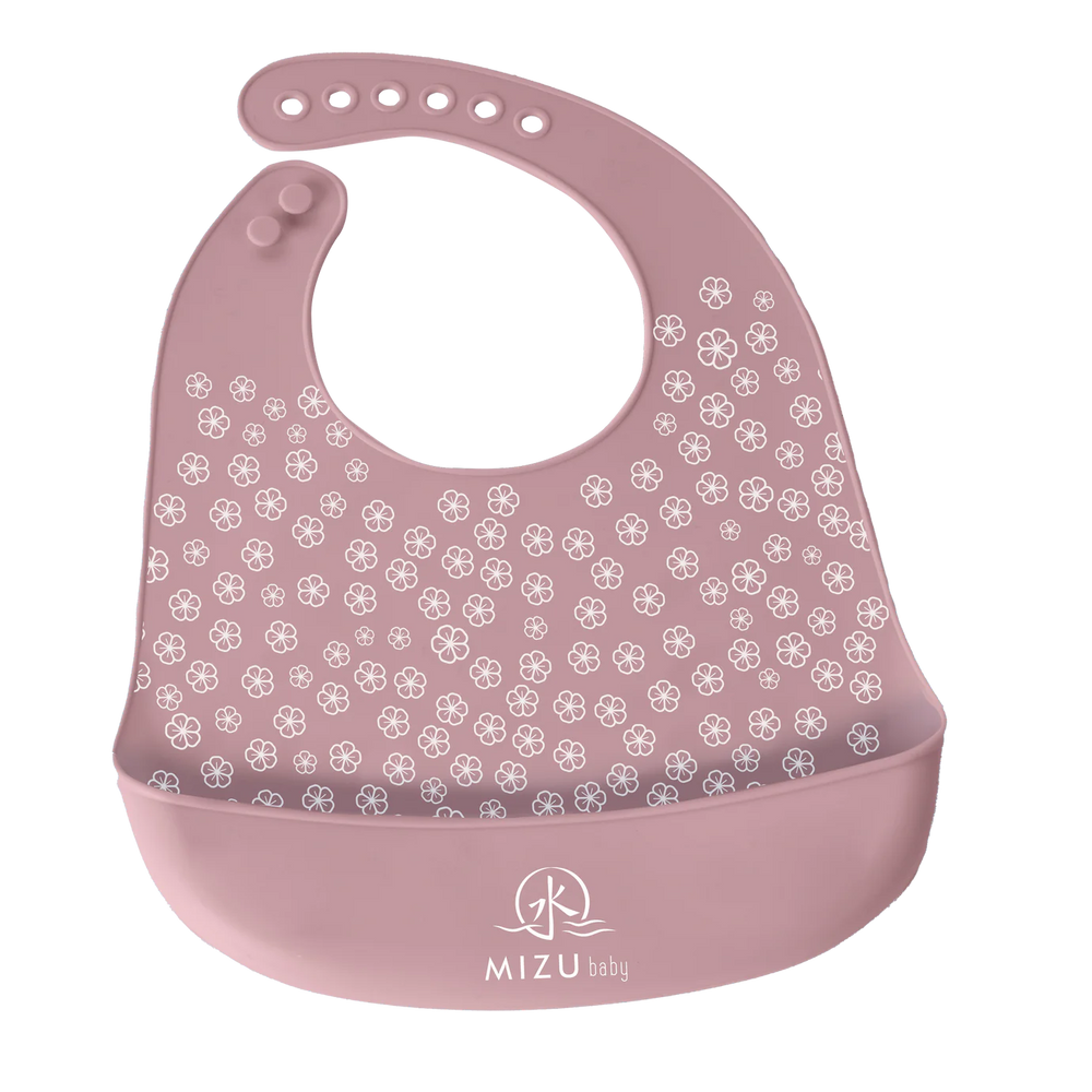 TAIKI BIB-bavaglino in silicone, Mizu Baby. Bavaglino rosa chiaro con motivo ondulato stampato bianco e tasca frontale. Chiusura con asole in silicone regolabili 