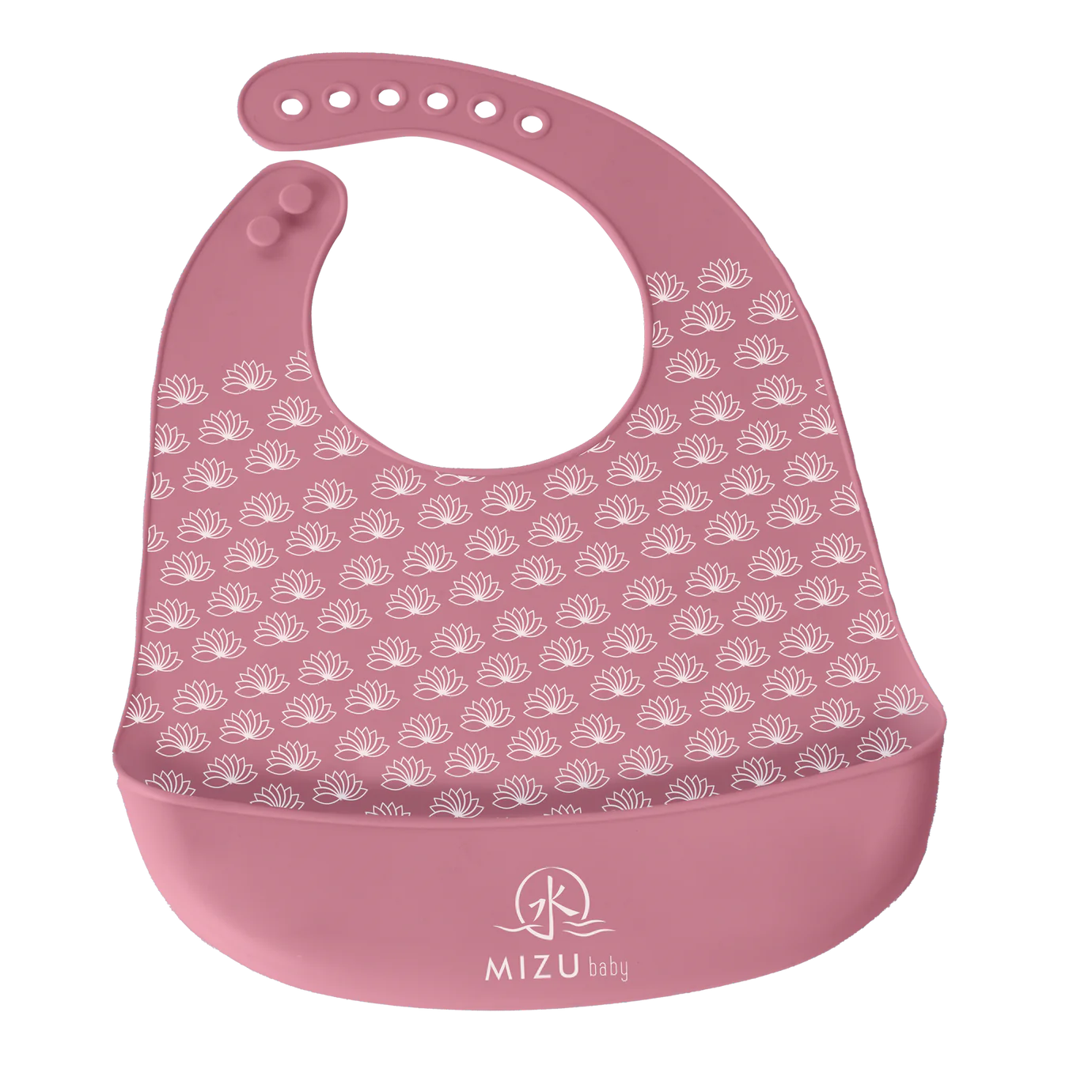 TAIKI BIB-bavaglino in silicone, Mizu Baby. Bavaglino rosa scuro con motivo ondulato stampato bianco e tasca frontale. Chiusura con asole in silicone regolabili 