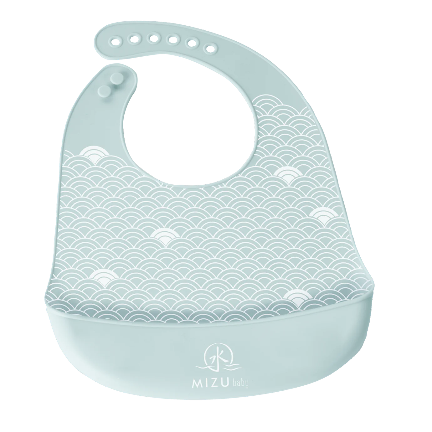 TAIKI BIB-bavaglino in silicone, Mizu Baby. Bavaglino verde chiaro con motivo ondulato stampato bianco e tasca frontale. Chiusura con asole in silicone regolabili 