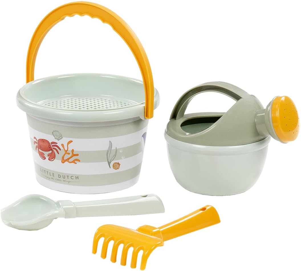 Set da spiaggia con innaffiatoio, Beach set, gioco per bambini, verde salvia a righe fantasia tartaruga e granchio, Little Dutch