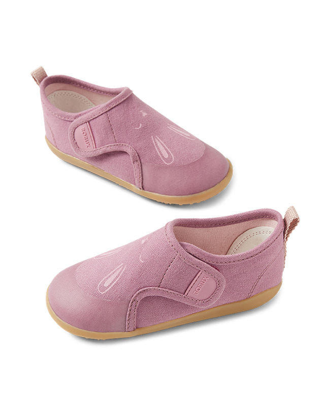 scarpine in cotone con suola in gomma con faccetta del coniglietto davanti, con strappo, colore lilla