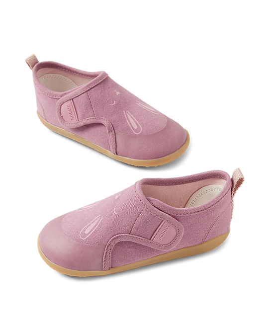 scarpine in cotone con suola in gomma con faccetta del coniglietto davanti, con strappo, colore lilla