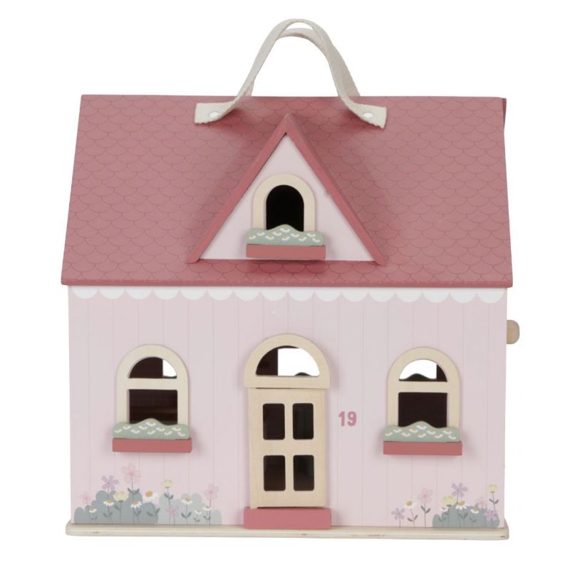 facciata della casa delle bambole, colore rosa, con tetto spiovete e maniglia per portarla ovunque. porta e finestre