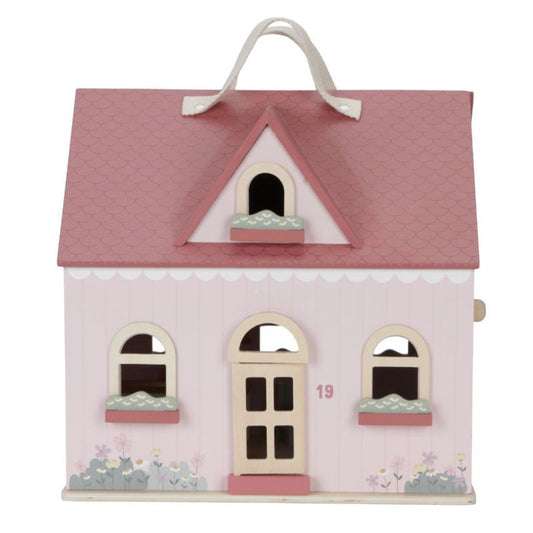 facciata della casa delle bambole, colore rosa, con tetto spiovete e maniglia per portarla ovunque. porta e finestre
