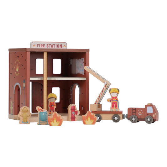 caserma dei pompieri con personaggi e camion