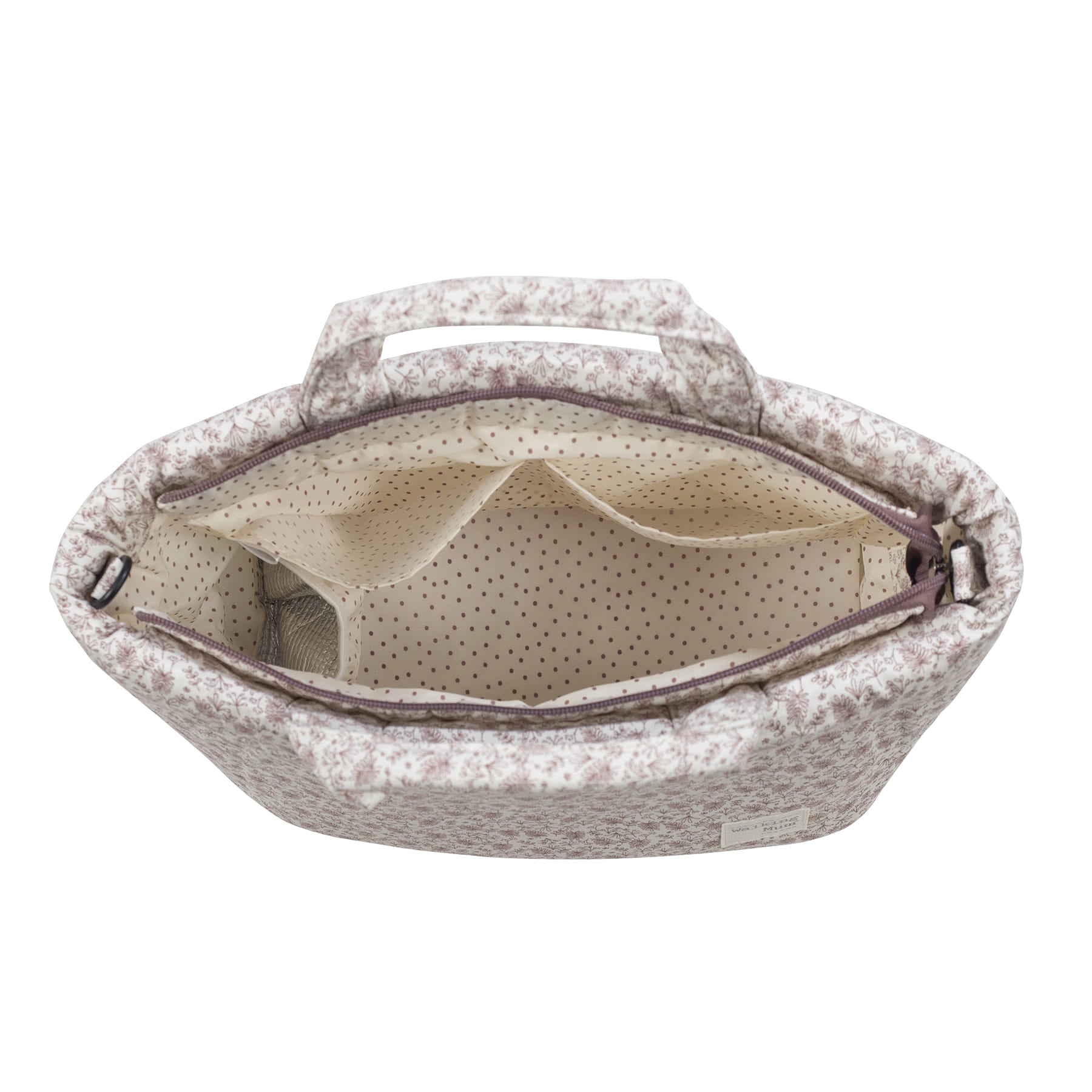 Visione dall'alto della borsa con 2 tasche laterali, 1 tasca termica per biberon e 1 tasca grande plastificata