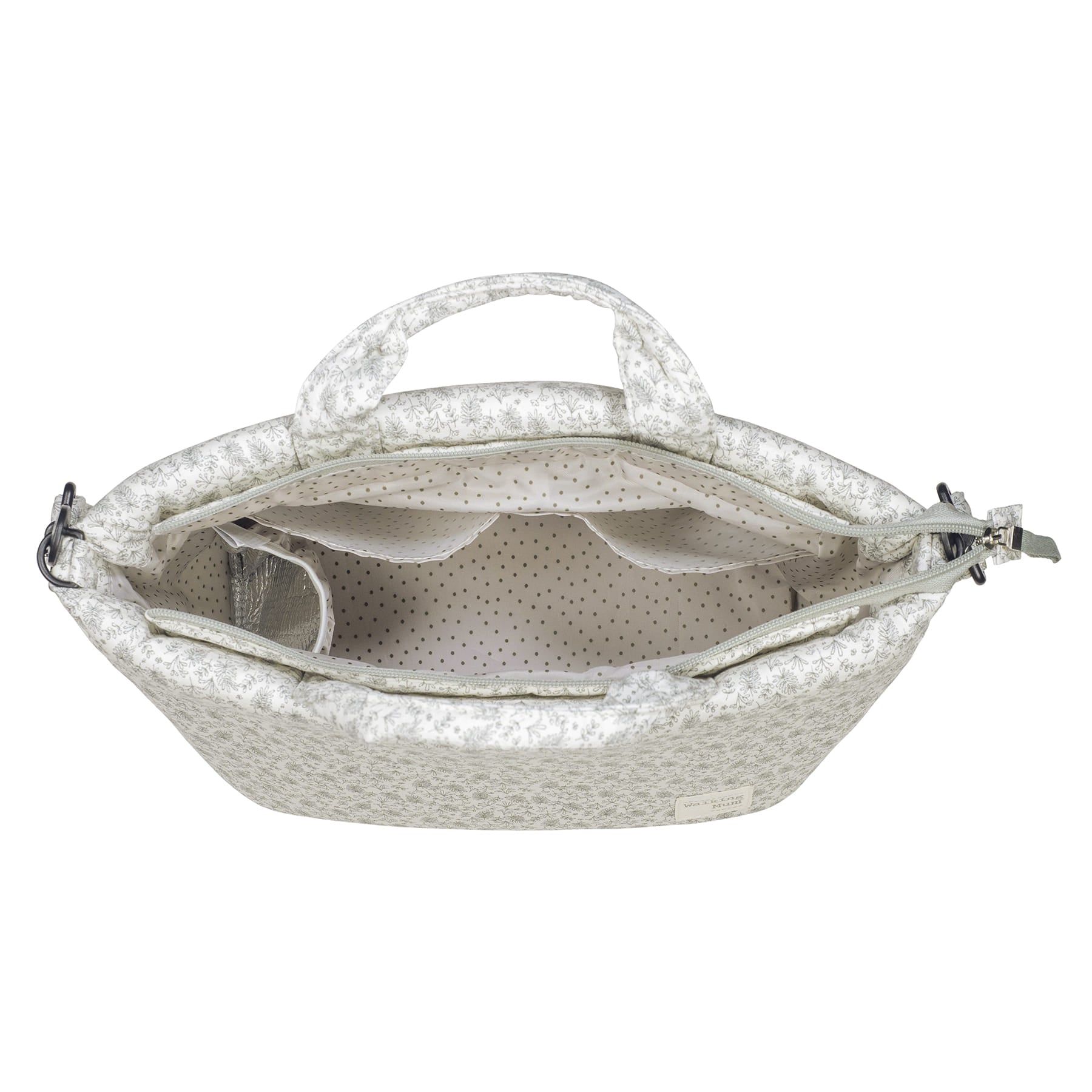 Visione dall'alto della borsa fasciatoio aperta con tasche laterali , 1 tasca grande plastificata e tasca termica porta biberon