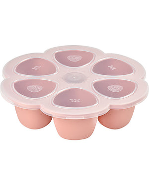 Contenitore Multiporzione in silicone 6x150 ml, Béaba. Vista del contenitore rosa chiuso con suo coperchio trasparente in plastica