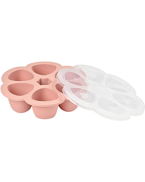 Contenitore Multiporzione in silicone 6x150 ml, Béaba. Vista del contenitore rosa con suo coperchio trasparente in plastica