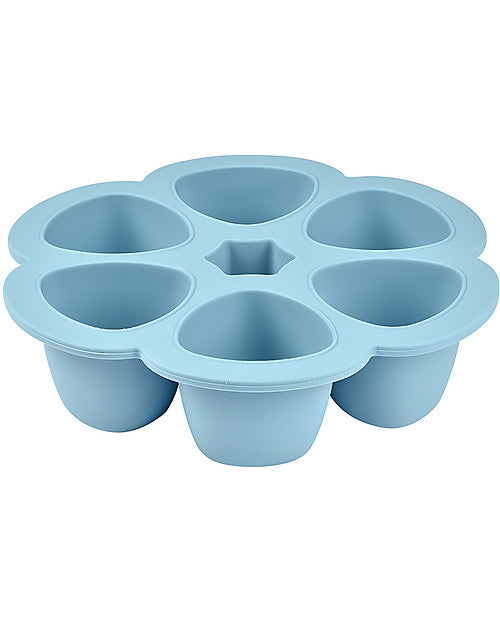 Contenitore Multiporzione in silicone 6x90ml, Béaba. Vista del contenitore azzurro aperto con 6 spazi monoporzione