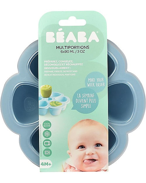 Contenitore Multiporzione in silicone 6x90ml, Béaba. Vista del contenitore azzurro nella sua confezione di cartone