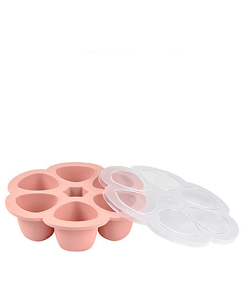 Contenitore Multiporzione in silicone 6x90ml, Béaba. Vista del contenitore rosa aperto con 6 spazi monoporzione e suo coperchio di plastica trasparente