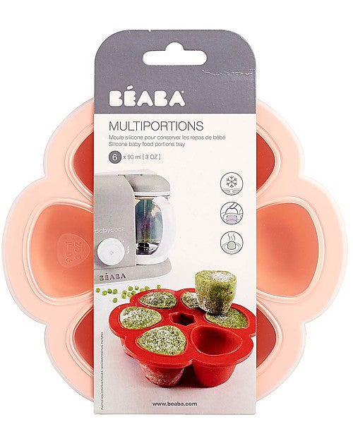 Contenitore Multiporzione in silicone 6x90ml, Béaba. Vista del contenitore rosa nella sua confezione di cartone