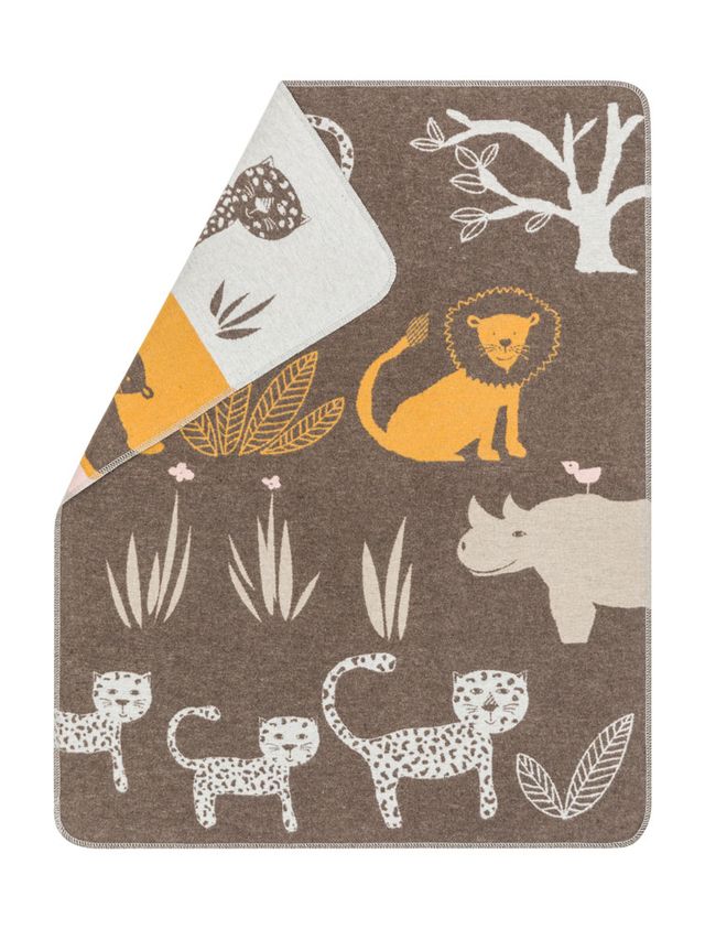 coperta fondo marrone e animali della savana nei toni del giallo e beige