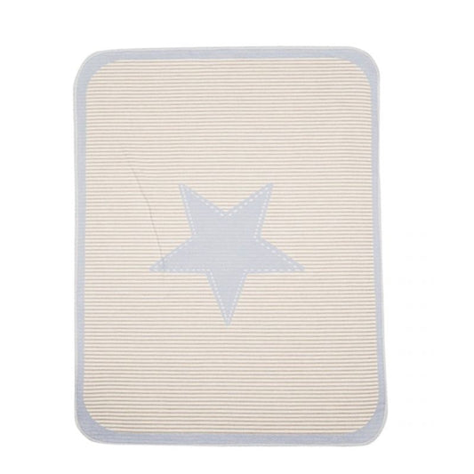 coperta riga azzurra e panna con stella azzurra nel centro. bordo azzurro