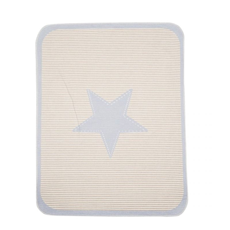 coperta riga azzurra e panna con stella azzurra nel centro. bordo azzurro