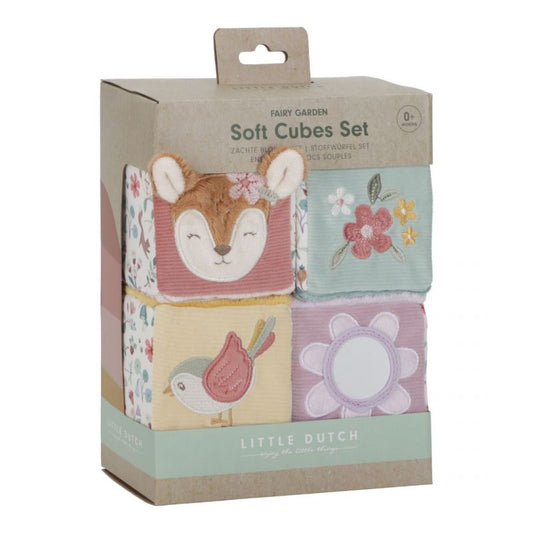 packagin del set di 4 cubetti morbidi e sensoriali, tema giardino incantato tonalità rosa