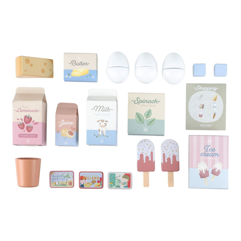 oggetti inclusi: latte, formaggio, uova, burro, succo, ghiaccioli, magneti, gelati