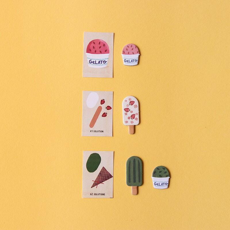 Schede gioco e relative tessere gusto gelato abbinate