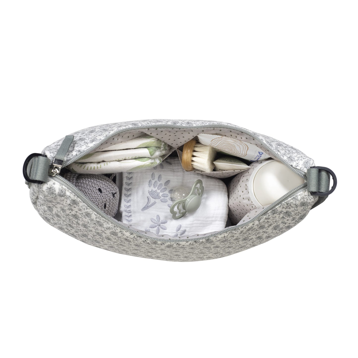 Visione dell'alto della tracolla gondola mint con tutto l'occorrente del bimbo ben organizzato nelle tasche interne