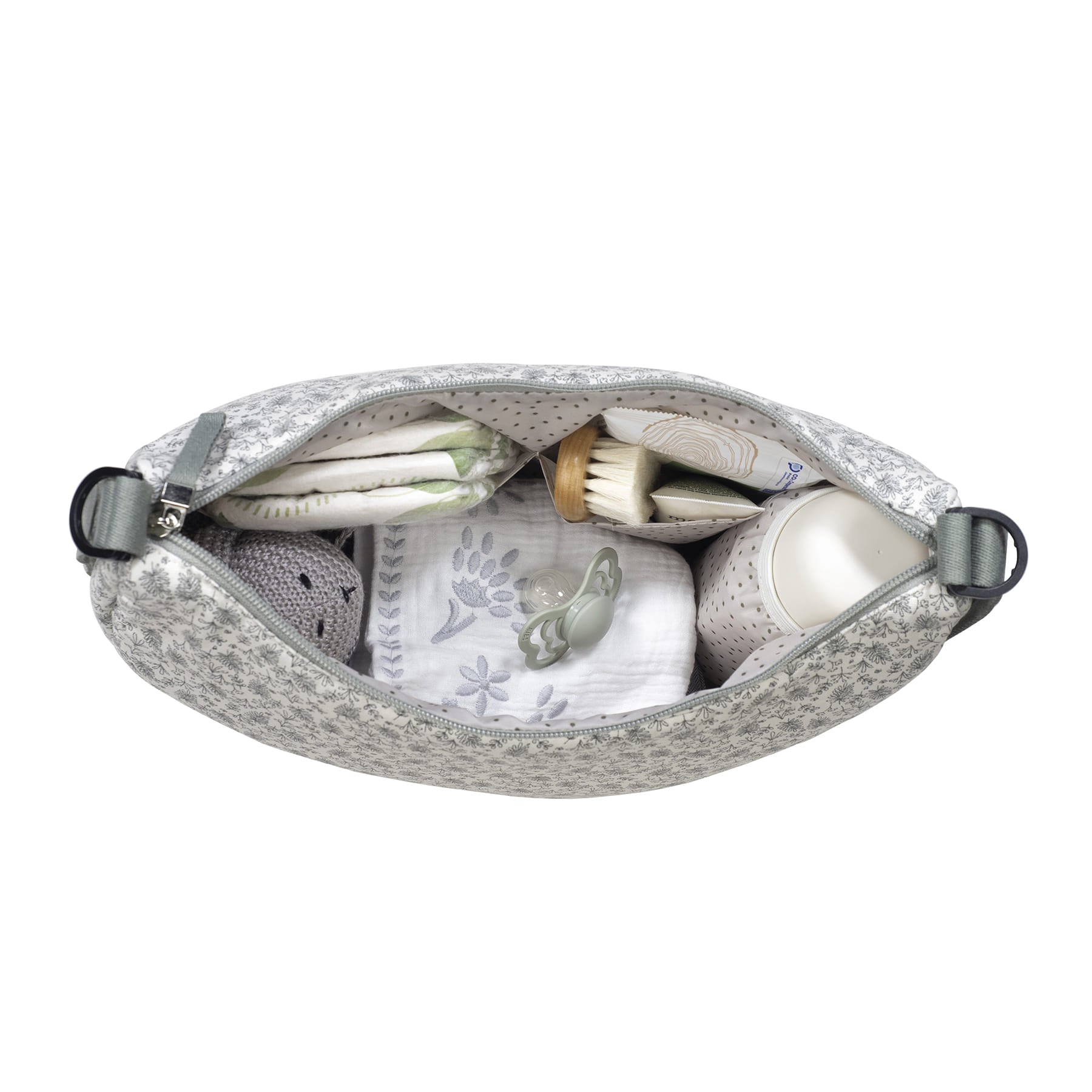 Visione dell'alto della tracolla gondola mint con tutto l'occorrente del bimbo ben organizzato nelle tasche interne