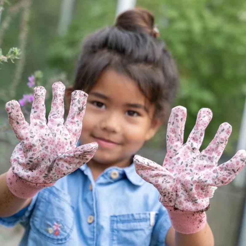 Guanti da giardinaggio da bambini, fantasia rosa con fiorellini Little Dutch
