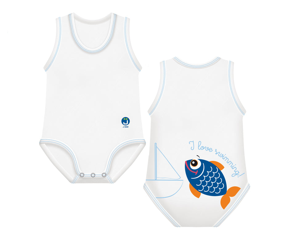 Body neonato senza manica, taglia unica 0-36 mesi, J Bimbi -Summer Collection Sealife -Pesce blu