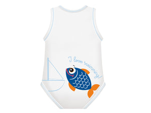 Body neonato senza manica, taglia unica 0-36 mesi, J Bimbi -Summer Collection Sealife -Pesce blu