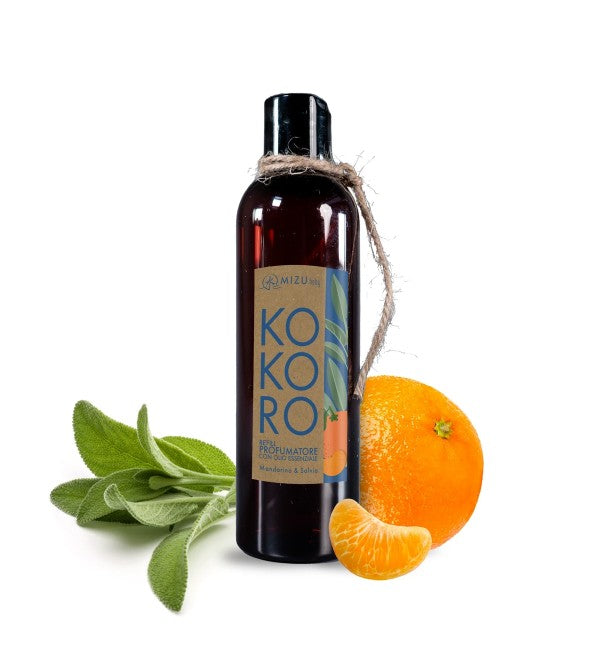 KOKORO - Ricarica per diffusori con bastoncini di Mizu Baby, 250 ml. In foto: fragranza mandarino e salvia