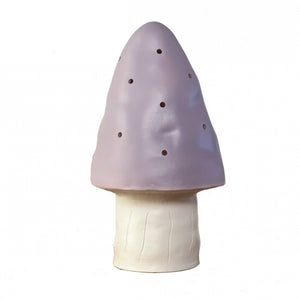lampada fungo, con stelo bianco e calotta color lavanda e piccoli foro per la luce
