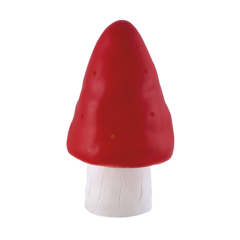 lampada fungo rosso con gambo bianco e fori sulla cappella che fanno filtrare la luce
