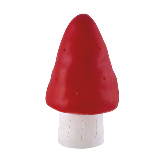 lampada fungo rosso con gambo bianco e fori sulla cappella che fanno filtrare la luce
