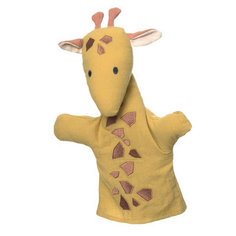 marionetta da mano giraffa, colore giallo con macchie marroni