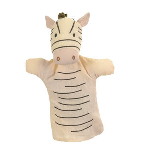 marionetta da mano zebra, con vestito bianco a righe nere