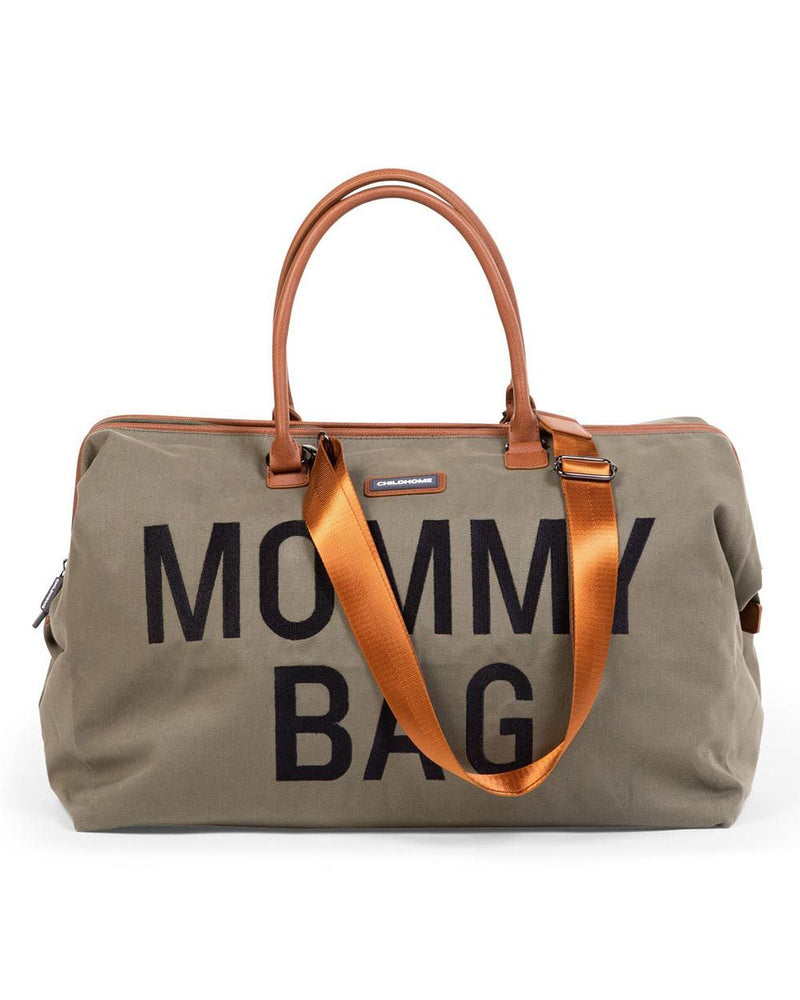 borsa in cotone colore kaki, scitta mommy bag, manici in pelle e tracolla colore ocra