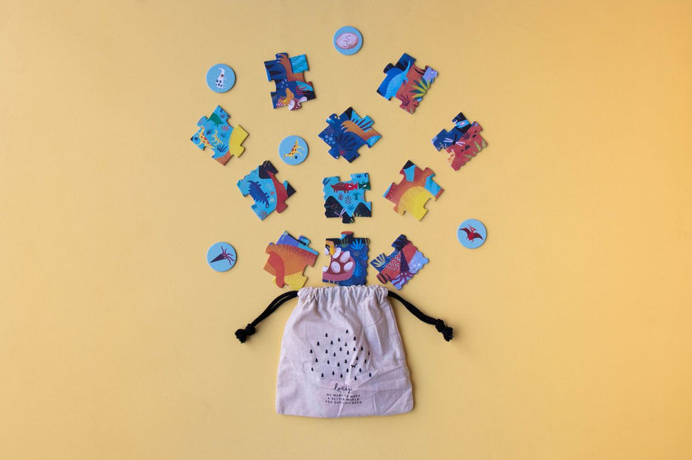 Sacchettino di stoffa con pezzi Puzzle my little Dino e tessere da abbinare