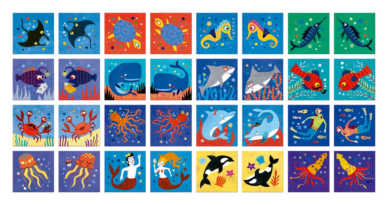 Visione completa delle 32 carte memory game ocean animals