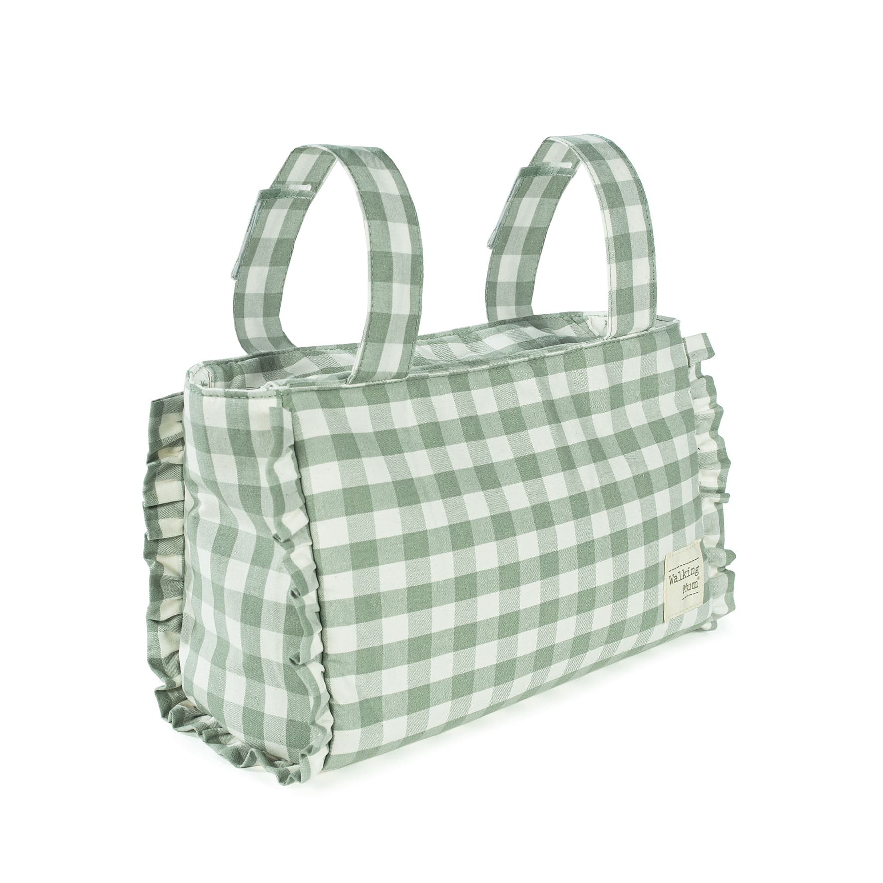 Visione frontale della borsa organizer remy green a quadretti panna e verde salvia