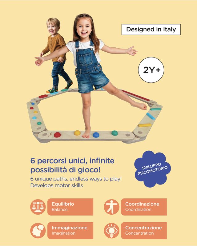 Percorso di equilibrio in legno Montessori, per bambini dai 2 anni.