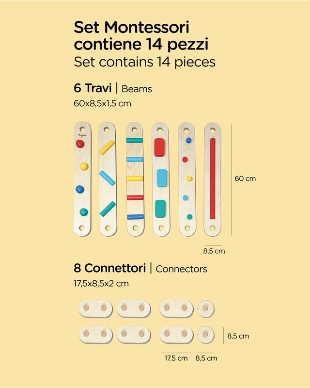 Percorso di equilibrio in legno Montessori, per bambini dai 2 anni.