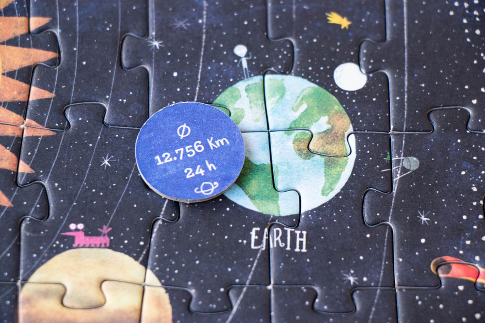 Dettaglio Puzzle Planets con retro della tesserina abbinata con informazioni su pianeta Terra, diametro e durata giorno