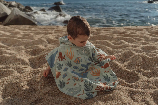 Poncho mare in spugna, verde fantasia marina, Green multicolor,  Beach poncho, Little Dutch