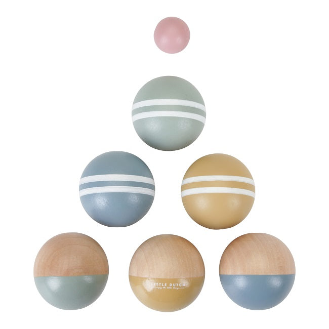 Set gioco delle bocce in legno, Little Dutch. Vista delle 6 palle colorate e del boccino rosa
