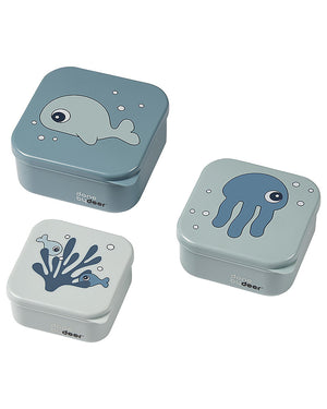 Set 3 contenitori pappa/merenda, impilabili. Contenitore azzurro con balena, contenitore medio con polpo, contenitore piccolo con pesciolini.