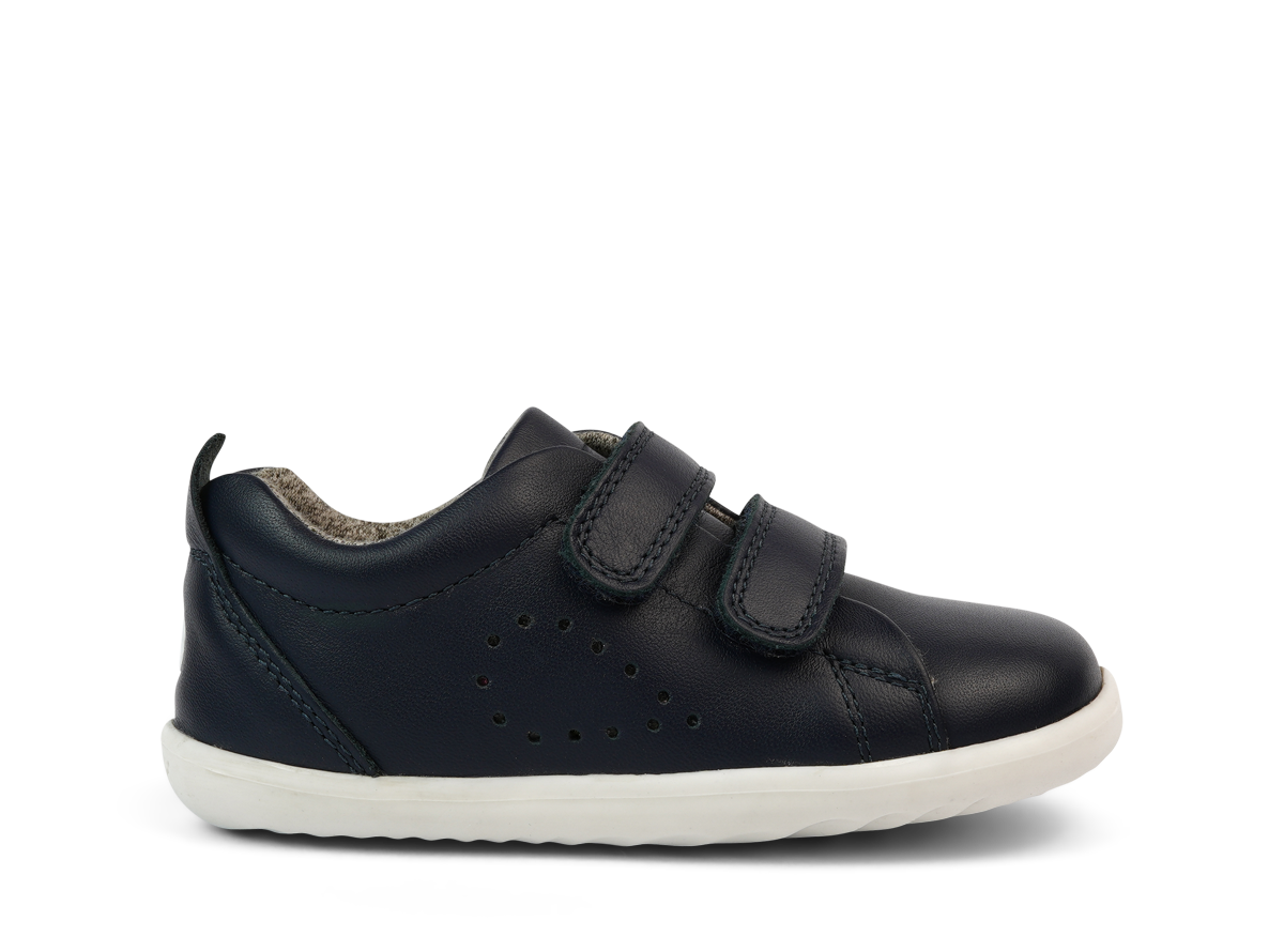 scarpa in pelle blu con due strap e suola in gomma colore bianco