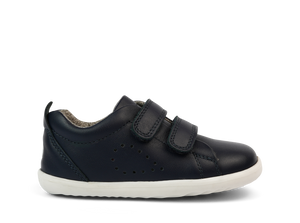 scarpa in pelle blu con due strap e suola in gomma colore bianco