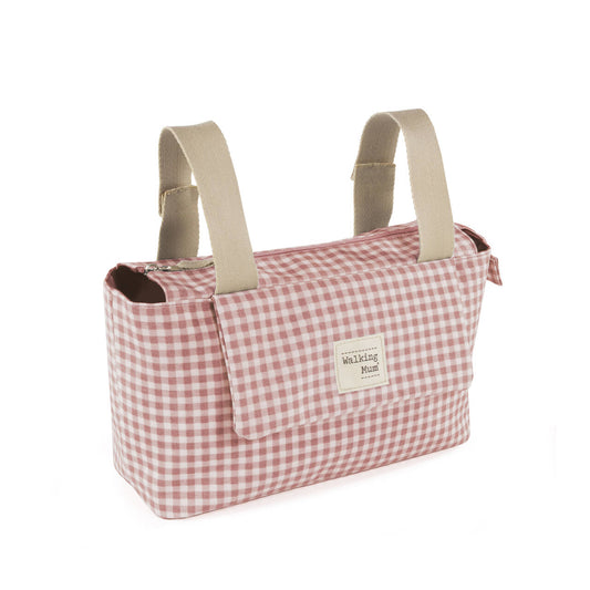 Visione frontale della borsa stroller organizer a quadretti vichy rosa e panna