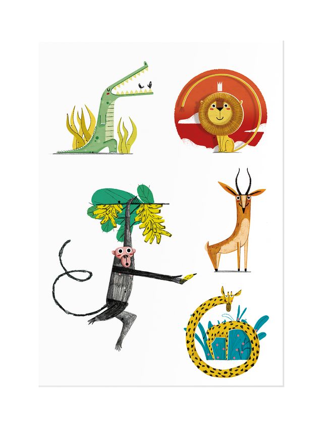 pagina di 5 tatoos :coccodrillo, leone, scimmia, antilope, giraffa