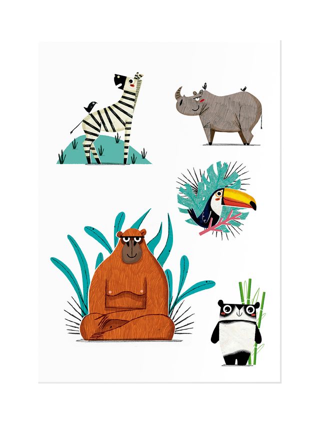 foglio di 5 tatoos: zebra, rinoceronte, scimmia, tucano, panda
